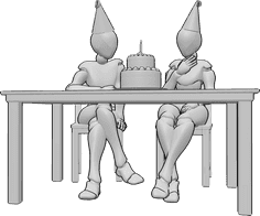 Pose Reference- Birthday females sitting pose - Two females are sitting at the table, celebrating a birthday with a birthday cake