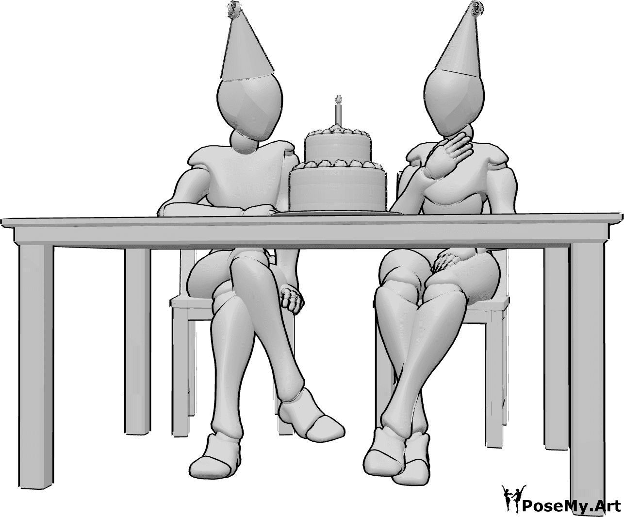 Pose Reference- Birthday females sitting pose - Two females are sitting at the table, celebrating a birthday with a birthday cake