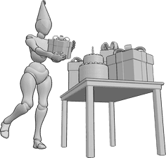 Pose Reference- Collecting birthday gifts pose - Happy female is collecting birthday presents on the table, wearing party hat