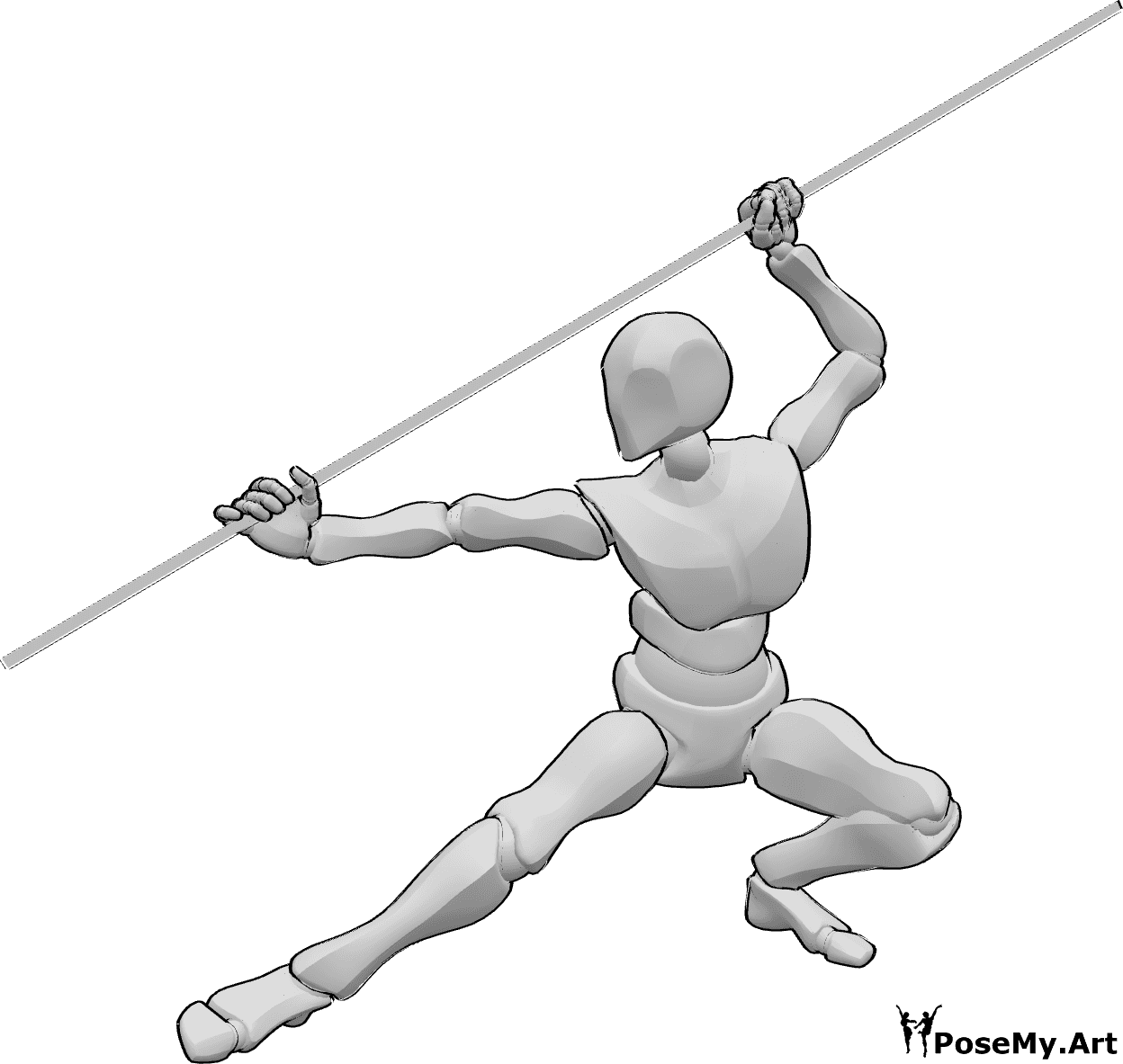 Referencia de poses- Varón sujetando bastón posa - Varón sosteniendo un bastón pose kung fu