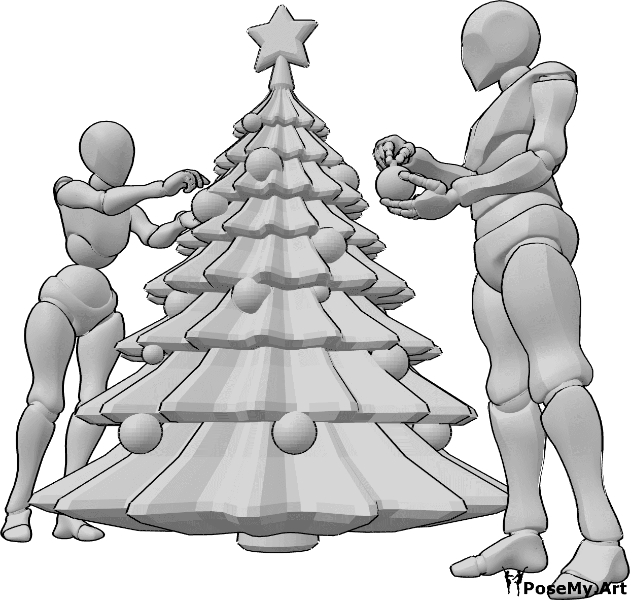 Referencia de poses- Decoración del árbol de Navidad - Mujer y hombre están decorando el árbol de navidad, base de dibujo de navidad