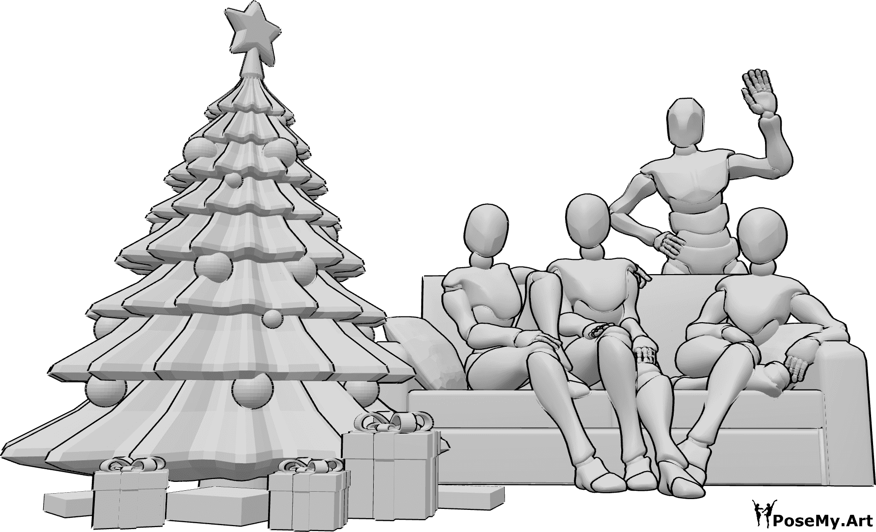 Referência de poses- Pose de Natal em família - A família está a festejar junto à árvore de Natal, base de desenho de Natal