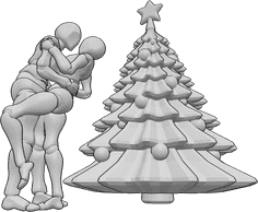 Riferimento alle pose- Posa romantica di Natale - Donna e uomo ballano e si baciano accanto all'albero di Natale