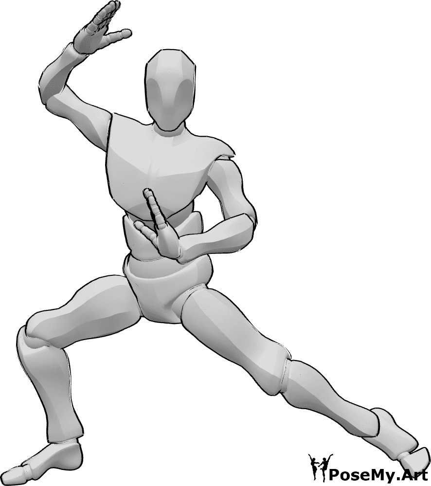 Référence des poses- Pose masculine de kung-fu - Homme se préparant à un combat, pose de kung-fu