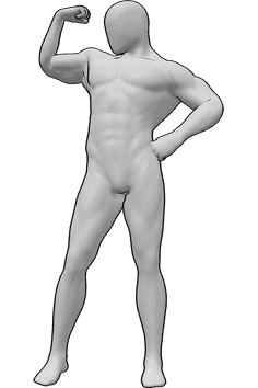 Référence des poses- Pose masculine musclée - Homme musclé, debout, montrant les muscles de ses bras, référence de dessin de silhouette