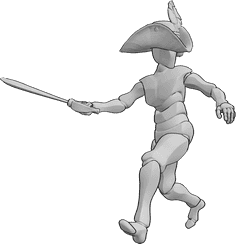 Référence des poses- Pose de l'épée du pirate se balançant - Homme pirate se battant, balançant son épée, regardant vers la gauche, pose d'attaque pirate