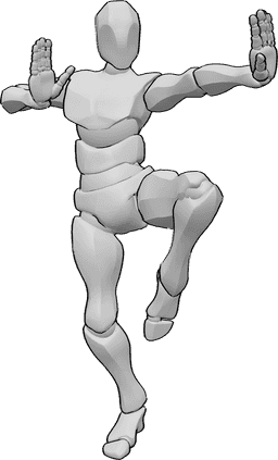 Pose Reference - Male kung fu pose - Male raising his left leg kung fu pose