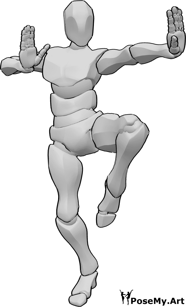 Referência de poses- Pose de kung fu masculina - Homem a levantar a perna esquerda em pose de kung fu