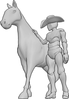 Referência de poses- Pose de cavalo de cowboy - O cowboy está ao lado do cavalo, referência de desenho de um cowboy