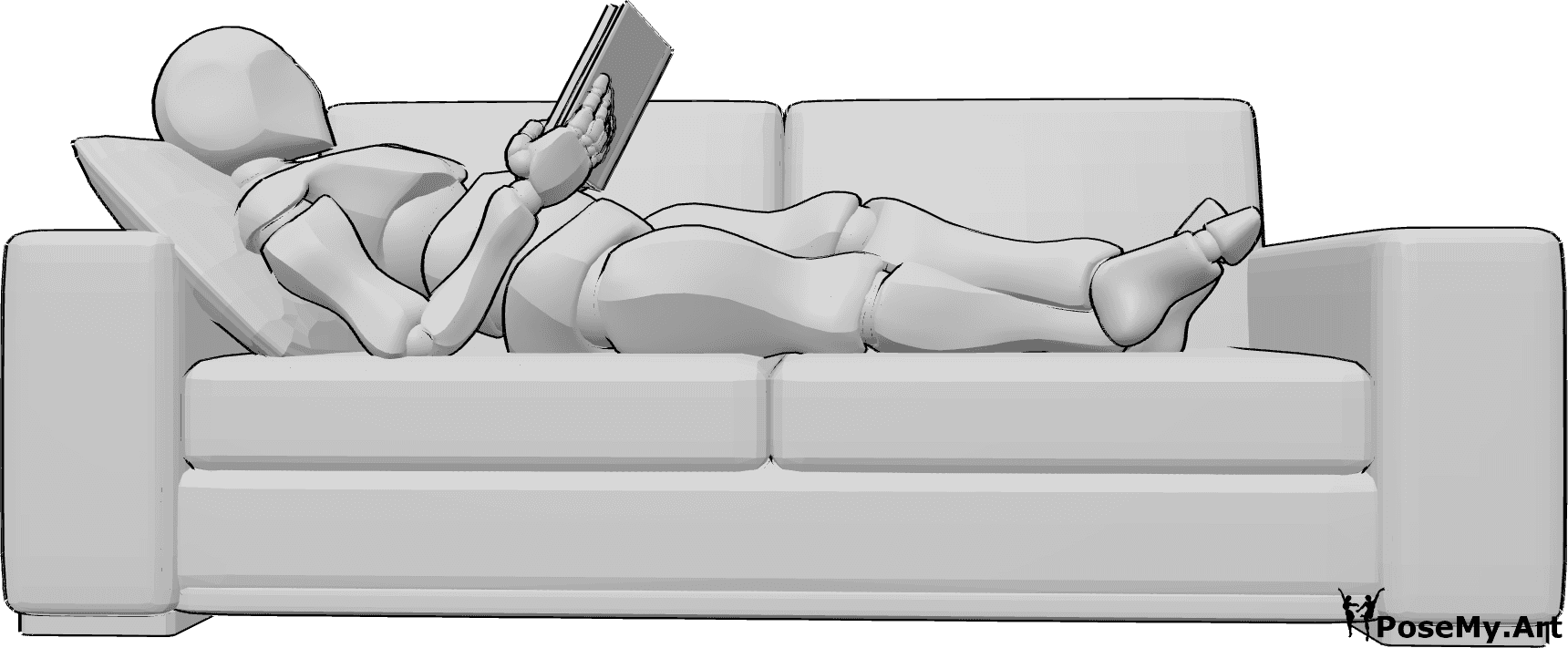 Referencia de poses- Hombre tumbado leyendo - El hombre está tumbado de espaldas en el sofá, con las piernas cruzadas y leyendo un libro.