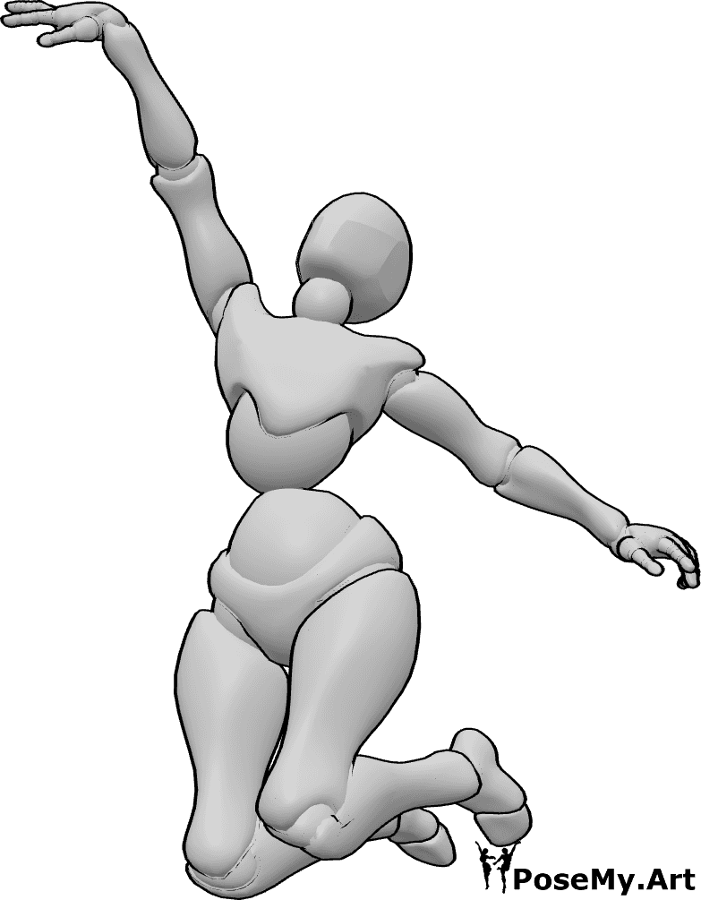 Riferimento alle pose- Donna che balla in posa di salto - Donna felice che balla e salta giocosamente, guardando in alto, posa femminile giocosa