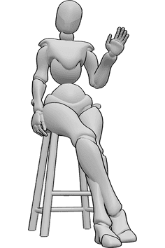 Référence des poses- Pose assise et ondulante - La femme est assise sur le tabouret de bar et fait un signe de la main gauche.