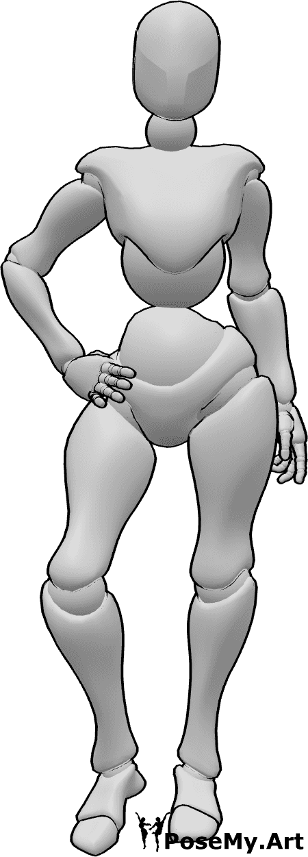 Riferimento alle pose- Posa della mano femminile sull'anca - Donna in piedi con la mano destra sul fianco in posa informale
