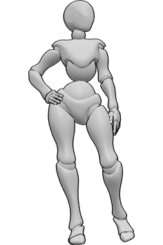 Pose Reference- Standing holding hip pose - Female is standing, holding her hip with her right hand, looking to the elft