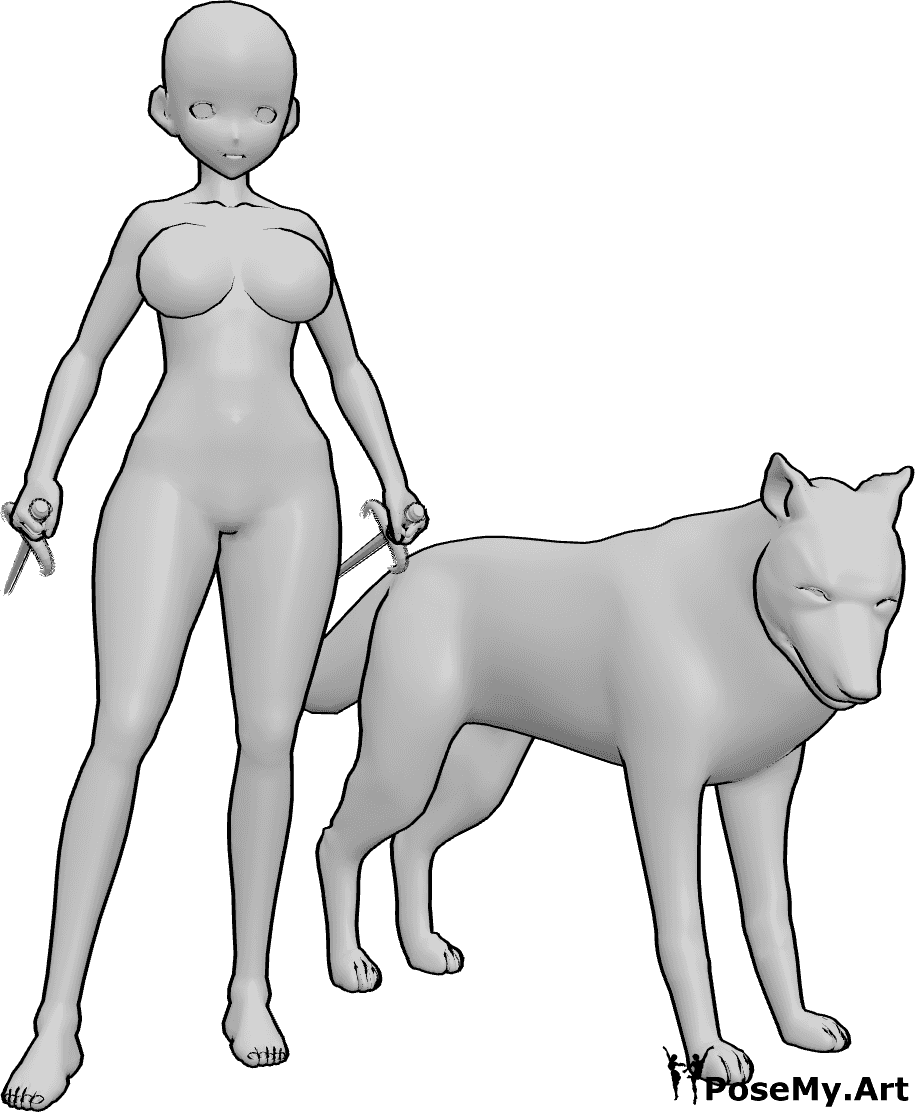 Référence des poses- Anime femme guerrière pose - Une guerrière de l'anime se tient à côté du loup.