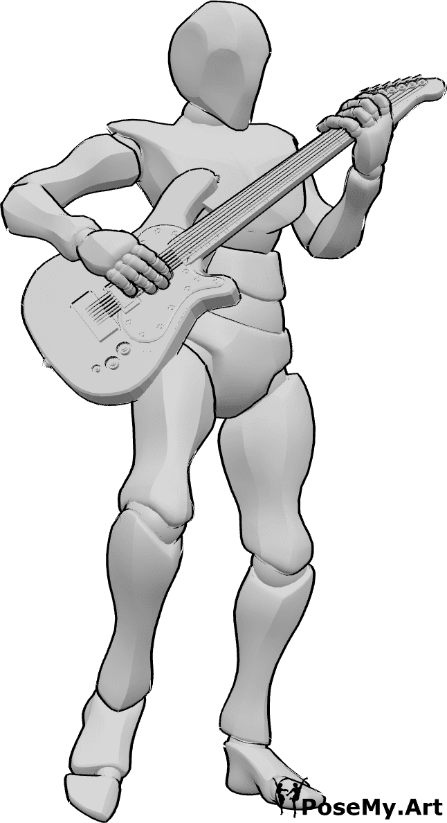 Referência de poses- Homem a tocar guitarra pose - Homem de pé e a tocar guitarra eléctrica