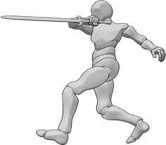 Référence des poses- Pose masculine pour l'attaque à l'épée - L'homme attaque avec une grande épée, qu'il tient dans sa main droite, pose de l'attaque à l'épée.