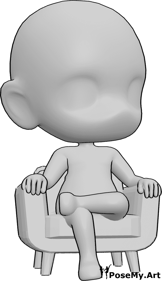 Référence des poses- Chibi pose assise - L'homme chibi est assis dans le fauteuil et regarde vers la gauche.