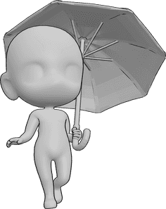 Referência de poses- Pose de Chibi a segurar um guarda-chuva - O chibi feliz está de pé e segura um guarda-chuva na sua mão esquerda