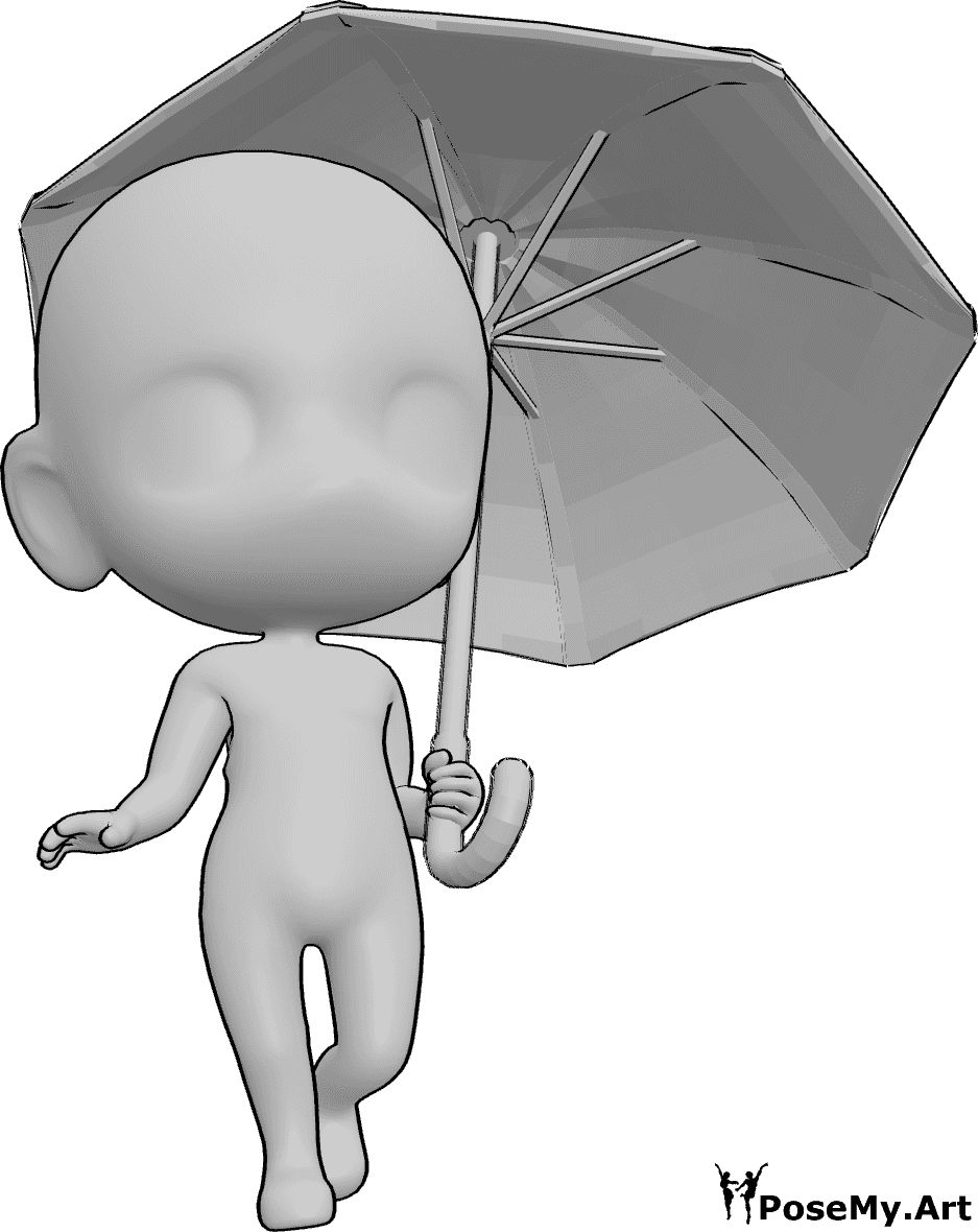 Referência de poses- Pose de Chibi a segurar um guarda-chuva - O chibi feliz está de pé e segura um guarda-chuva na sua mão esquerda