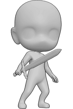 Référence des poses- Chibi tenant l'épée pose - L'homme chibi est debout et tient une grande épée dans sa main droite.