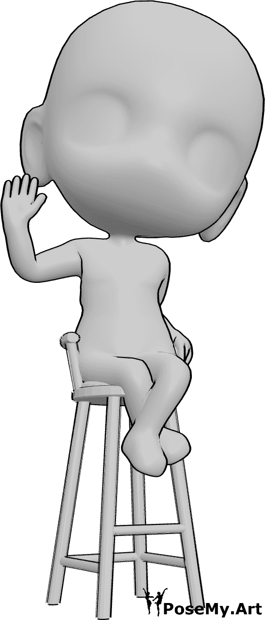 Pose Reference- Chibi sitting waving pose - Chibi male is sitting on a bar stool and waving with his right hand