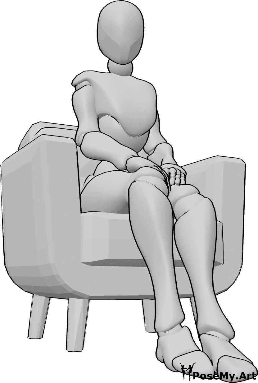 Référence des poses- Pose assise rapprochée - Femme assise nonchalamment dans un fauteuil, femme assise en gros plan, pose de référence