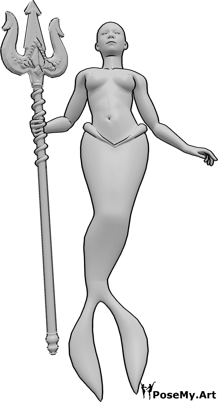 Referencia de poses- Pose de sirena femenina - La sirena sostiene un tridente en la mano derecha, referencia de boceto diario