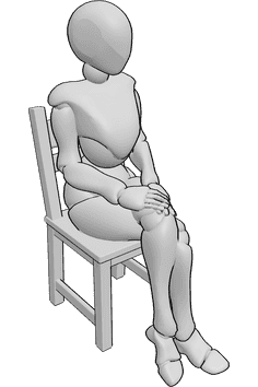 Référence des poses- Femme assise - Femme assise sur une chaise, les jambes croisées, femme assise, pose à angle aigu, référence