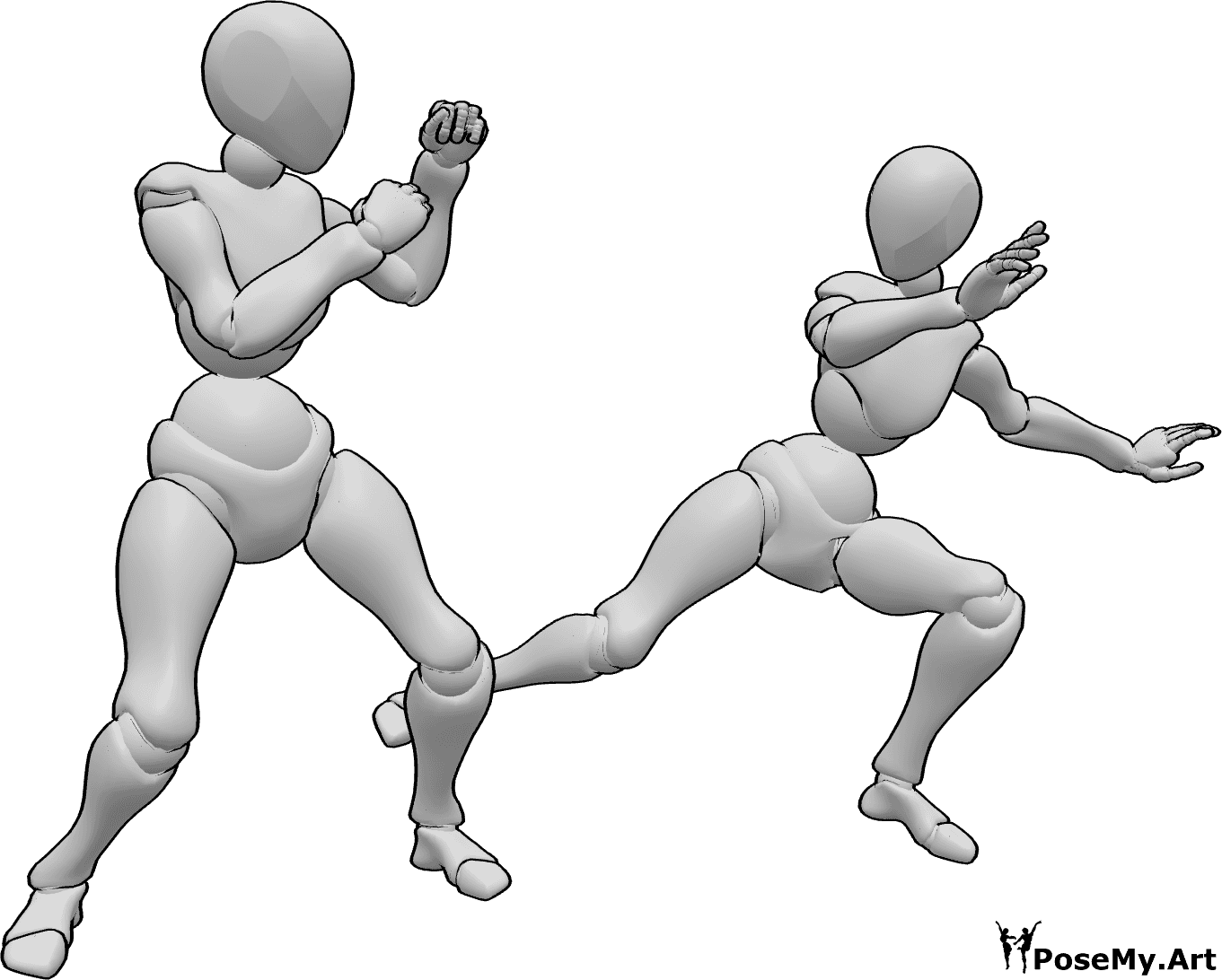 Referência de poses- Mulheres em pose de pontapé de combate - Duas fêmeas estão a lutar, uma delas pontapeia a outra fêmea em pose
