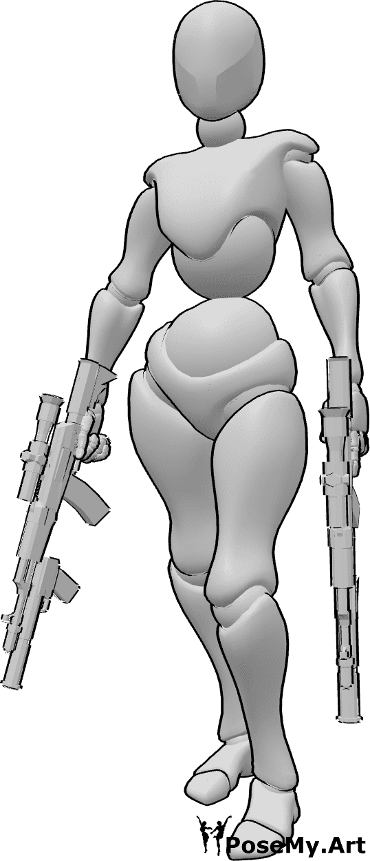 Référence des poses- Deux armes posent - Une femme confiante se tient debout et tient deux pistolets.