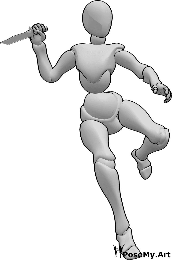 Referencia de poses- Salto sosteniendo pose de daga - Mujer está saltando con una daga en su mano derecha pose