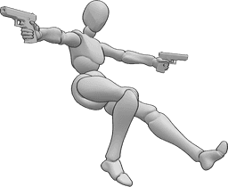 Pose Reference - Falling two guns pose - Female falls backwards and aims gun with both hands, action pose