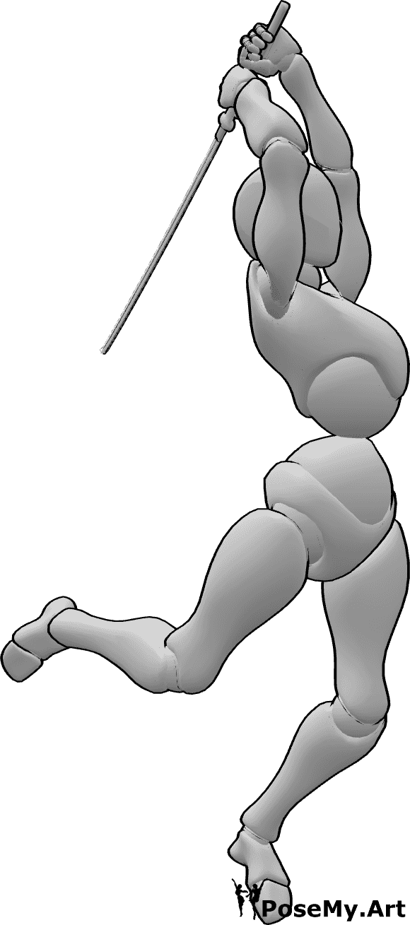 Referência de poses- Saltar segurando a pose da katana - Mulher salta alto enquanto segura uma katana com duas mãos em pose