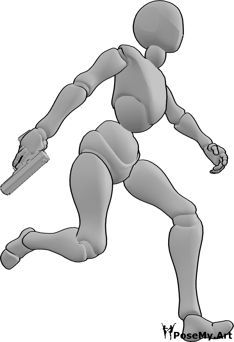 Referência de poses- Pose de arma de corrida feminina - Mulher a correr com uma arma na mão direita em pose