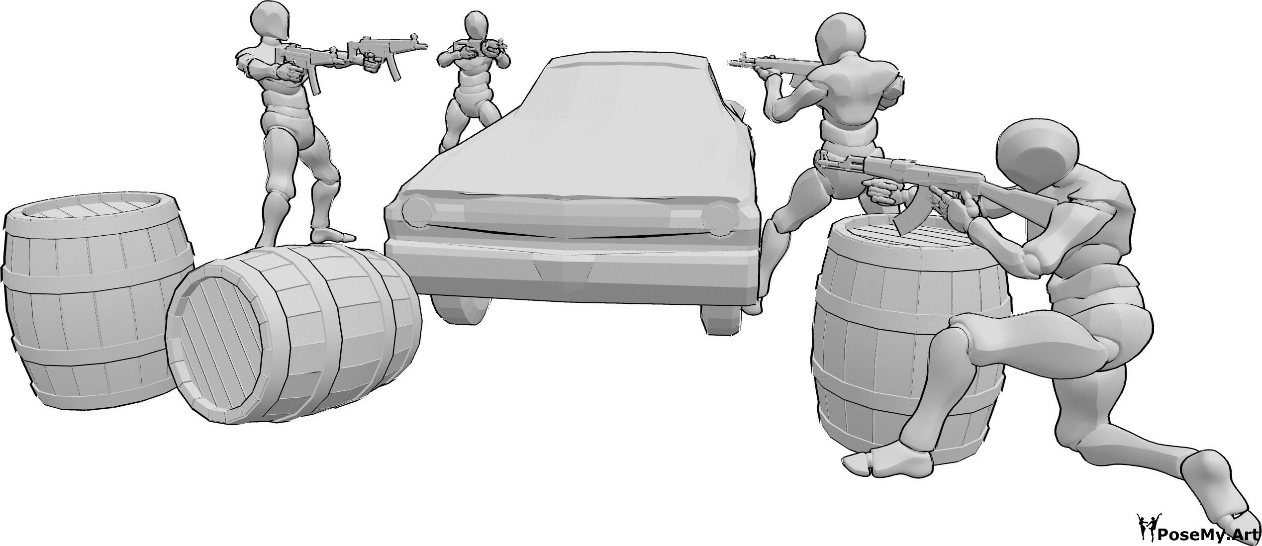 Posen-Referenz- Vier Männchen kämpfen in Pose - Vier bewaffnete Männer in einem Kampf, die hinter einem Auto und Fässern in Deckung gehen