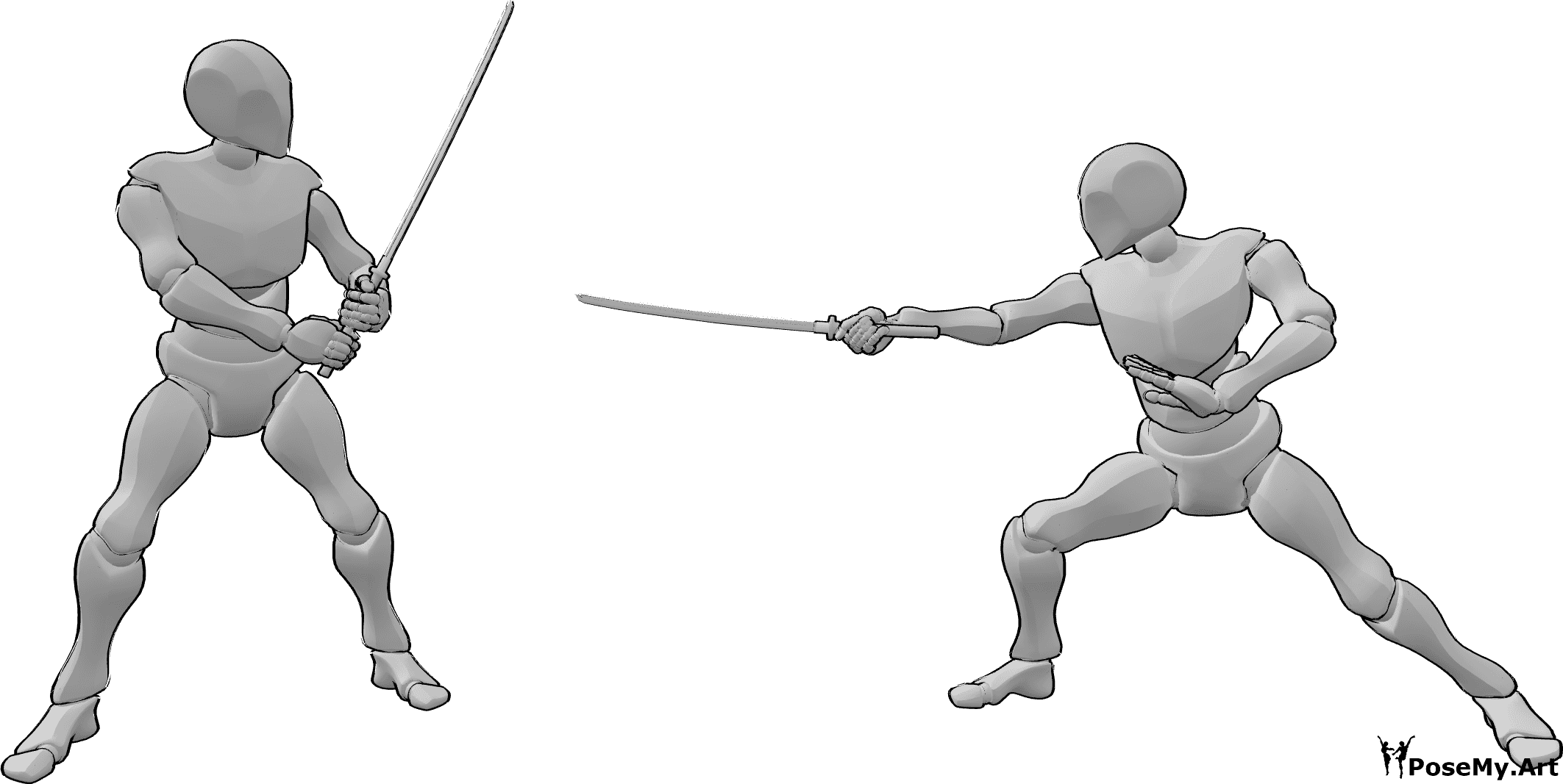 Riferimento alle pose- Posa della katana da combattimento - Due maschi combattono con la katana in posa