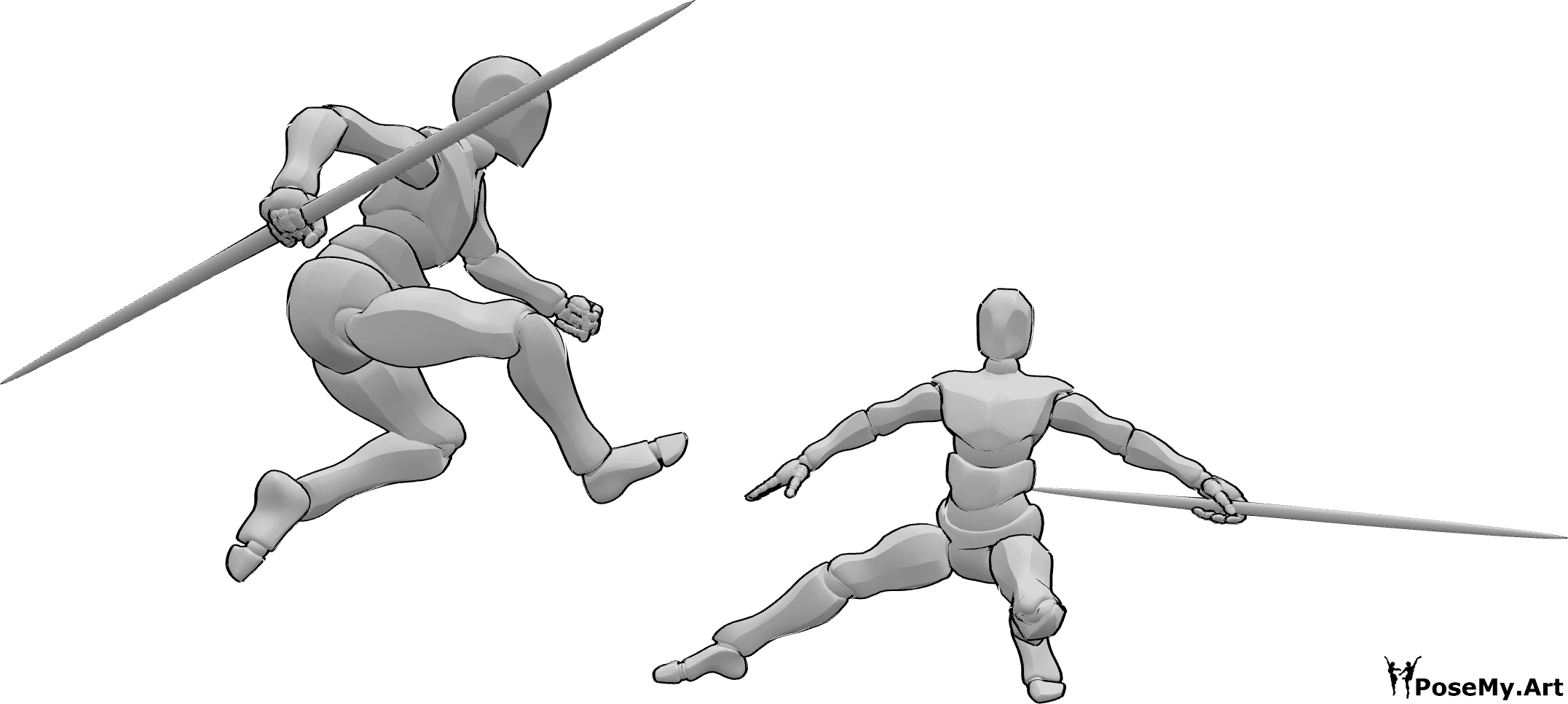 Posen-Referenz- Kampfstäbe springen in Pose - Zwei Männer kämpfen mit Stöcken, einer von ihnen springt in Pose