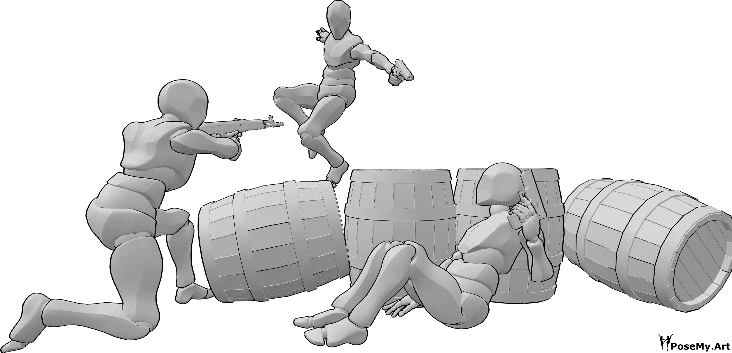 Referência de poses- Pose da capa dos barris de batalha - Três homens armados numa batalha, abrigando-se atrás de barris em pose