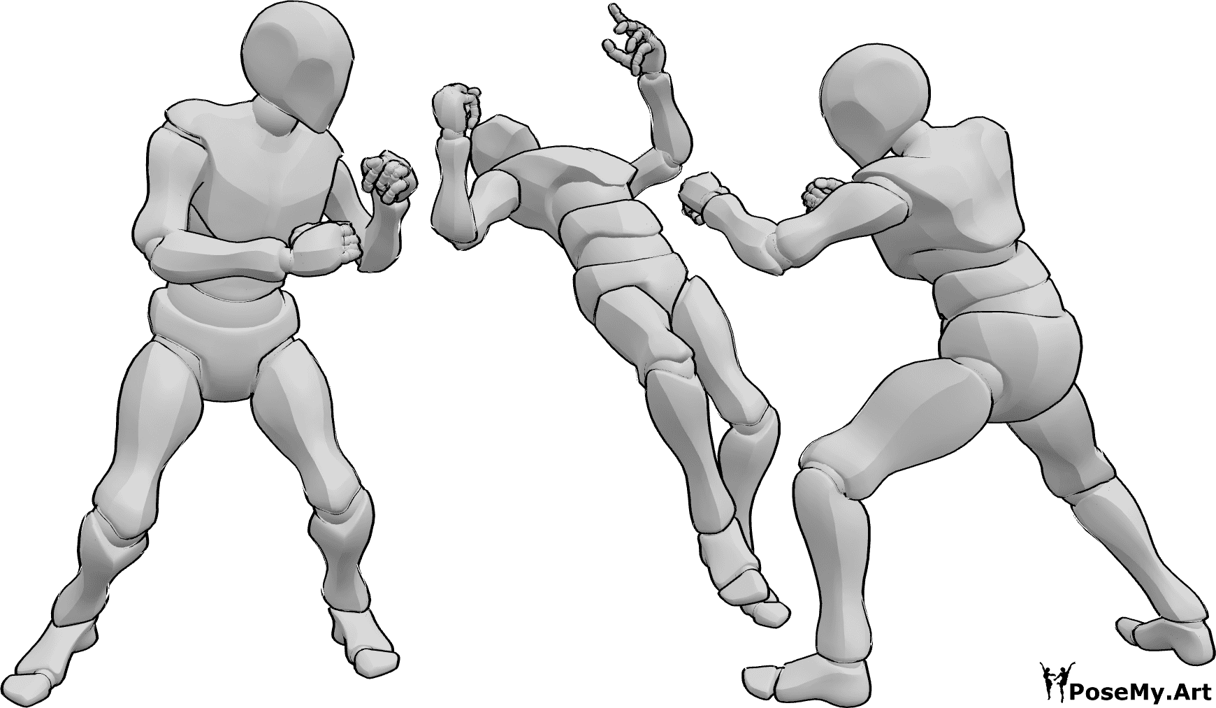 Riferimento alle pose- Tre maschi combattono in posa - Tre maschi stanno combattendo, uno di loro cade