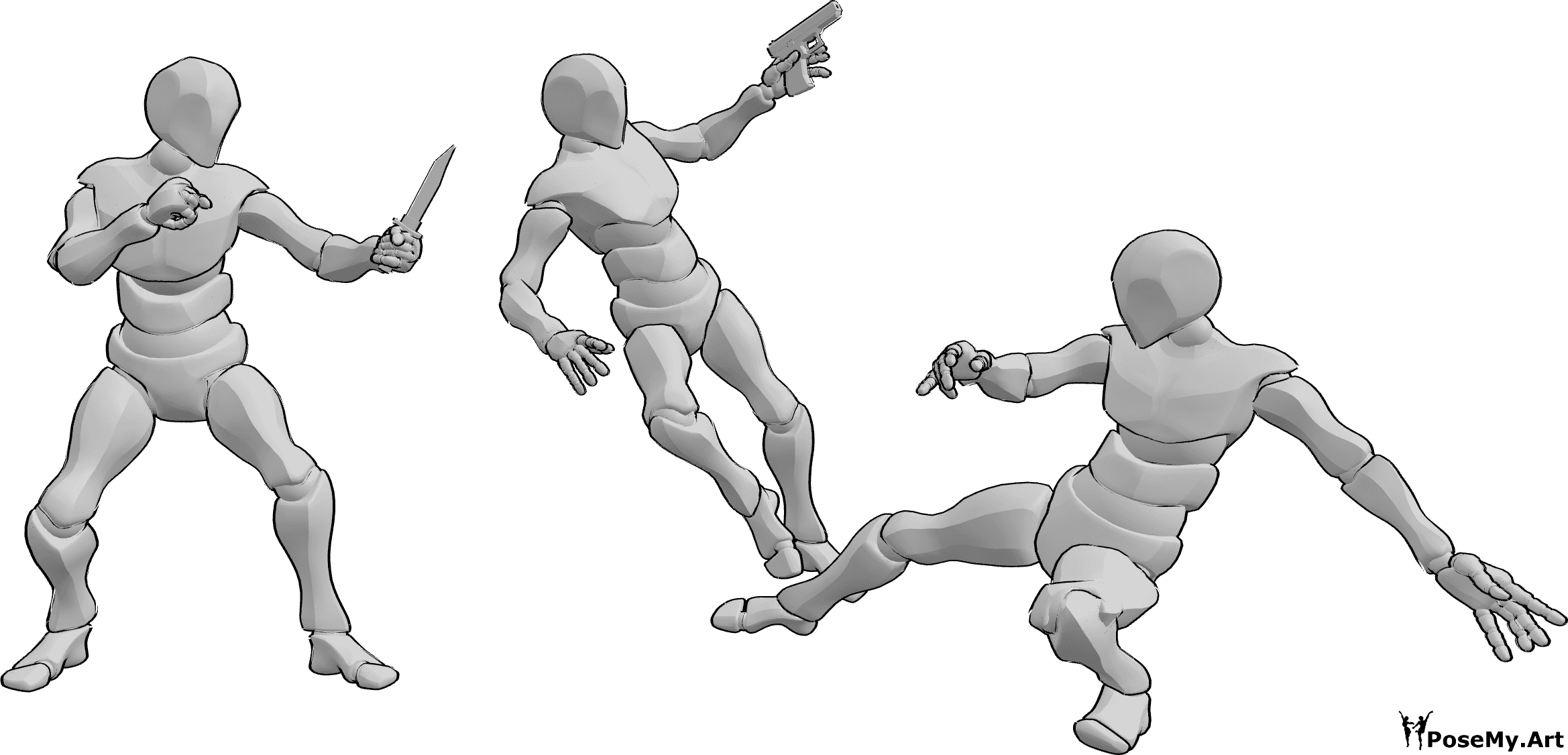 Referencia de poses- Pistola daga pose de combate - Tres varones se pelean, empuñan una pistola y un puñal, uno de ellos cae de una patada