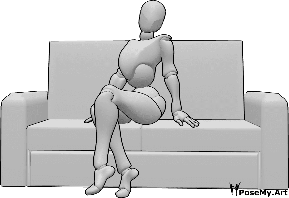 Referência de poses- Pose de namorico sentado - A mulher está sentada no sofá e a fazer pose de namoradeira