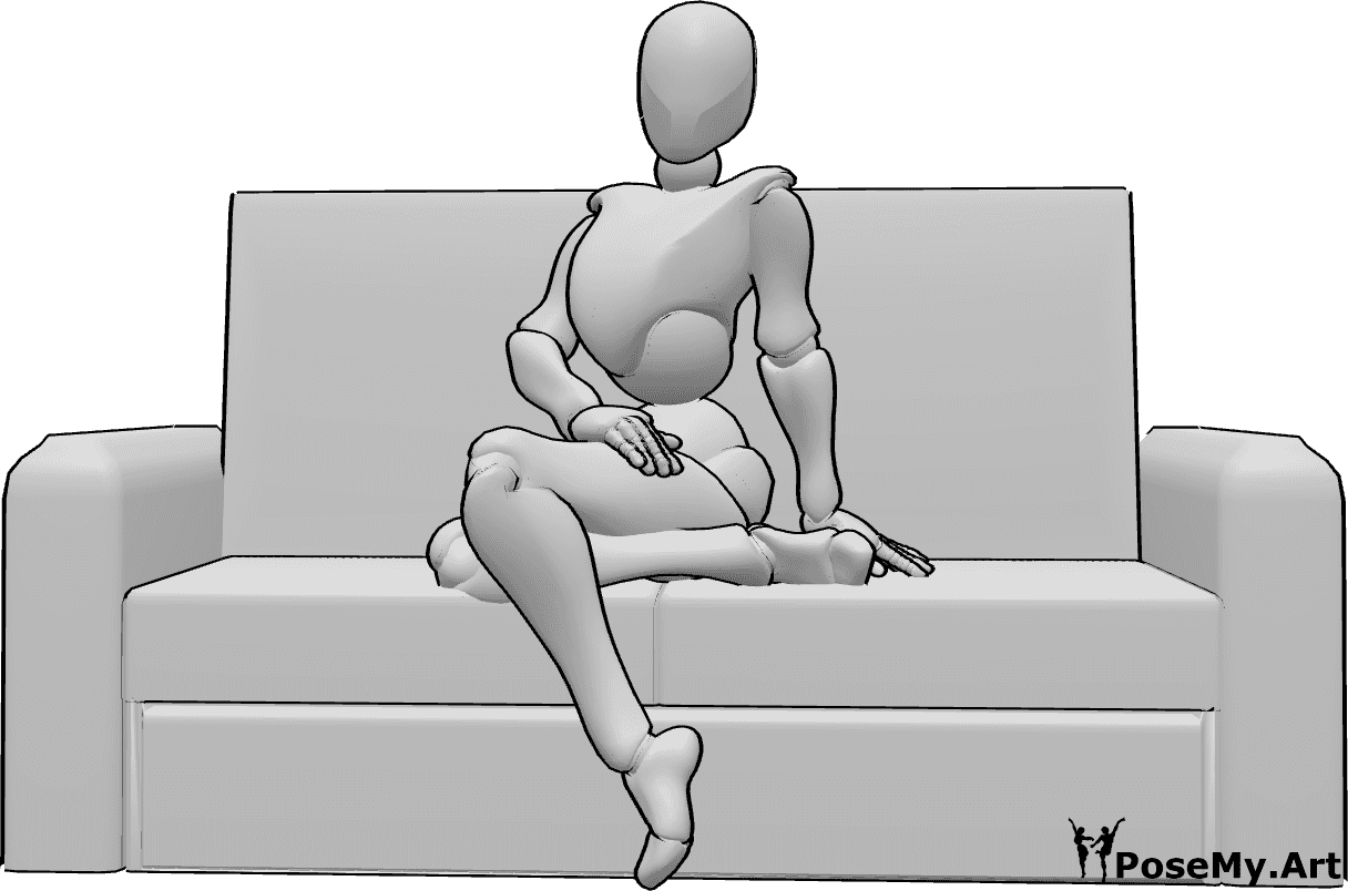 Référence des poses- Pose du canapé assis - La femme est assise sur le canapé, la main droite posée sur la cuisse.