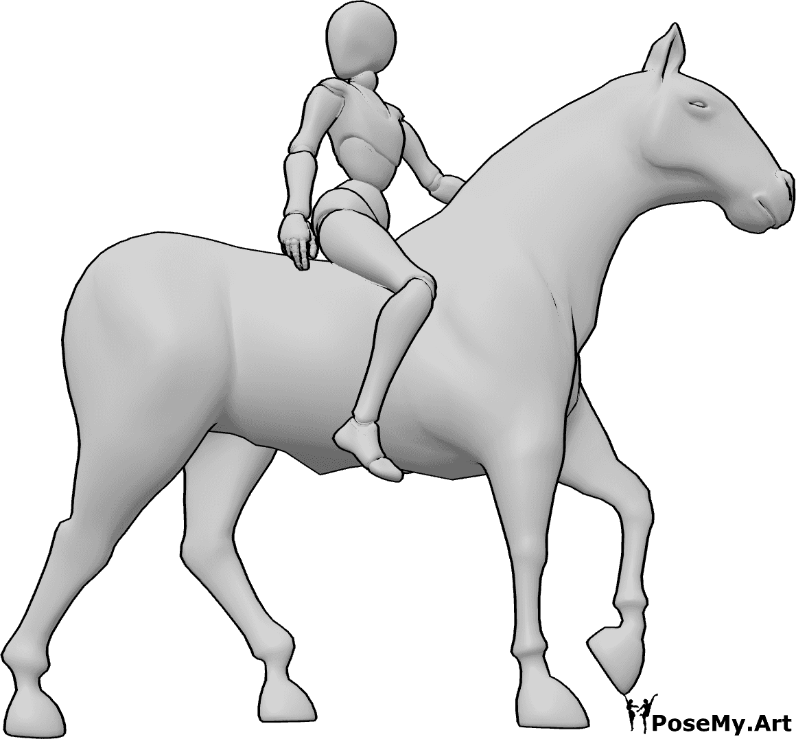 Pose Reference- Riding looking back pose - Female is riding and looking back over her right shoulder