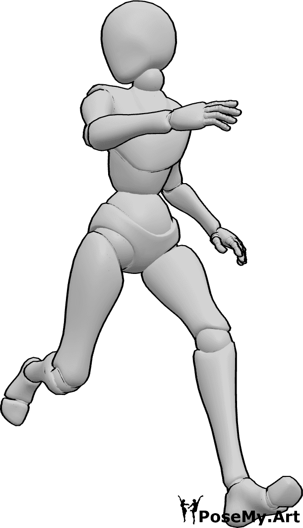 Pose Reference- Running looking back pose - Female is running and looking back over her right shoulder, looking over shoulder pose reference