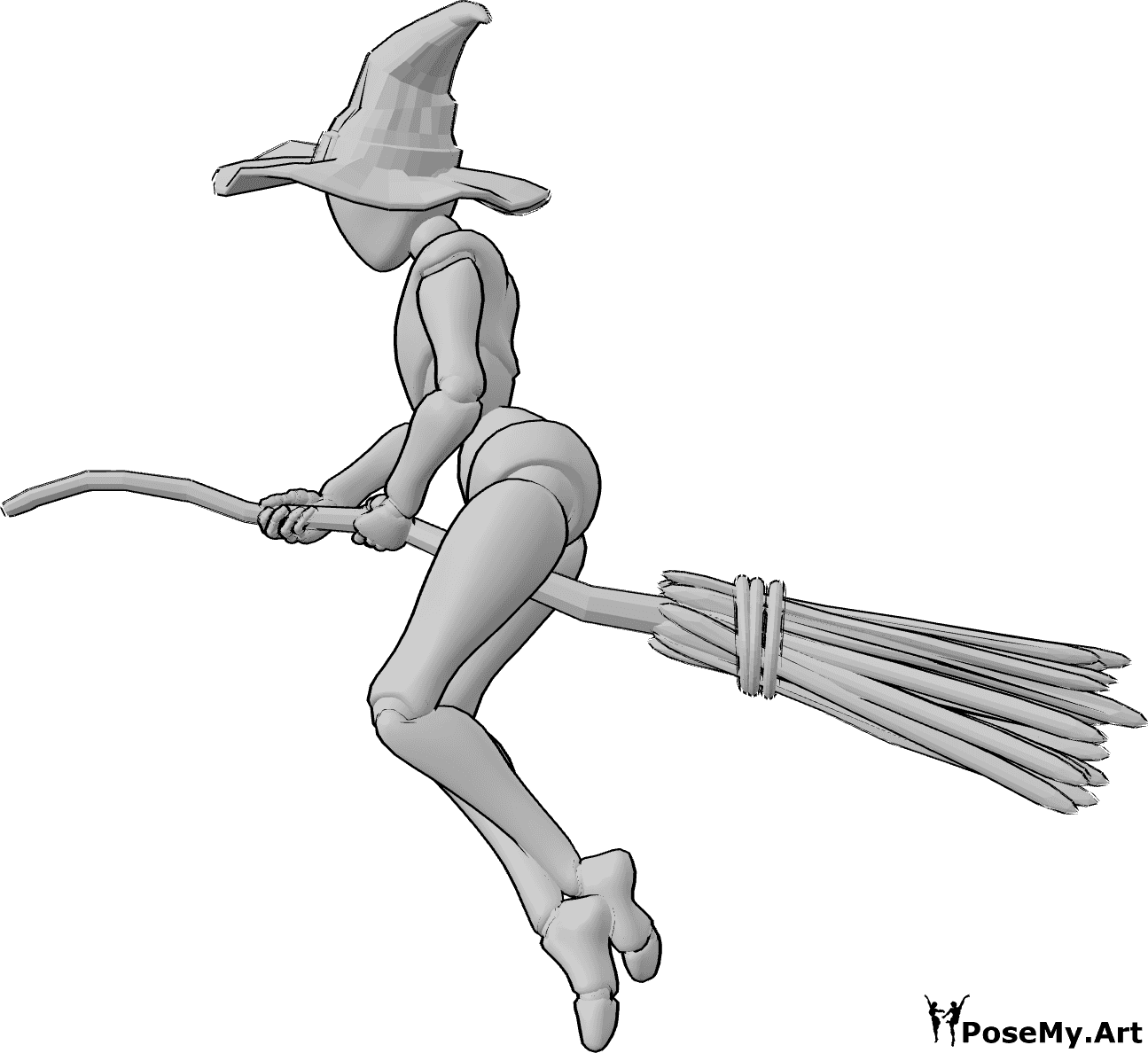 Pose Reference- Witch flying pose - Witch is flying on her broom, wearing a witch hat, witch pose reference