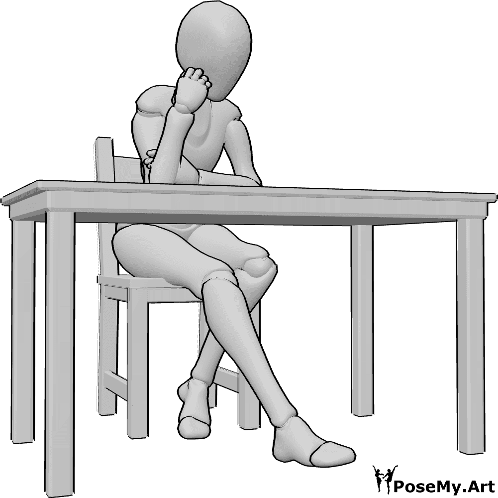Pose Reference- Bored sitting pose - Bored female is sitting on the chair at the table, resting her head on her right hand