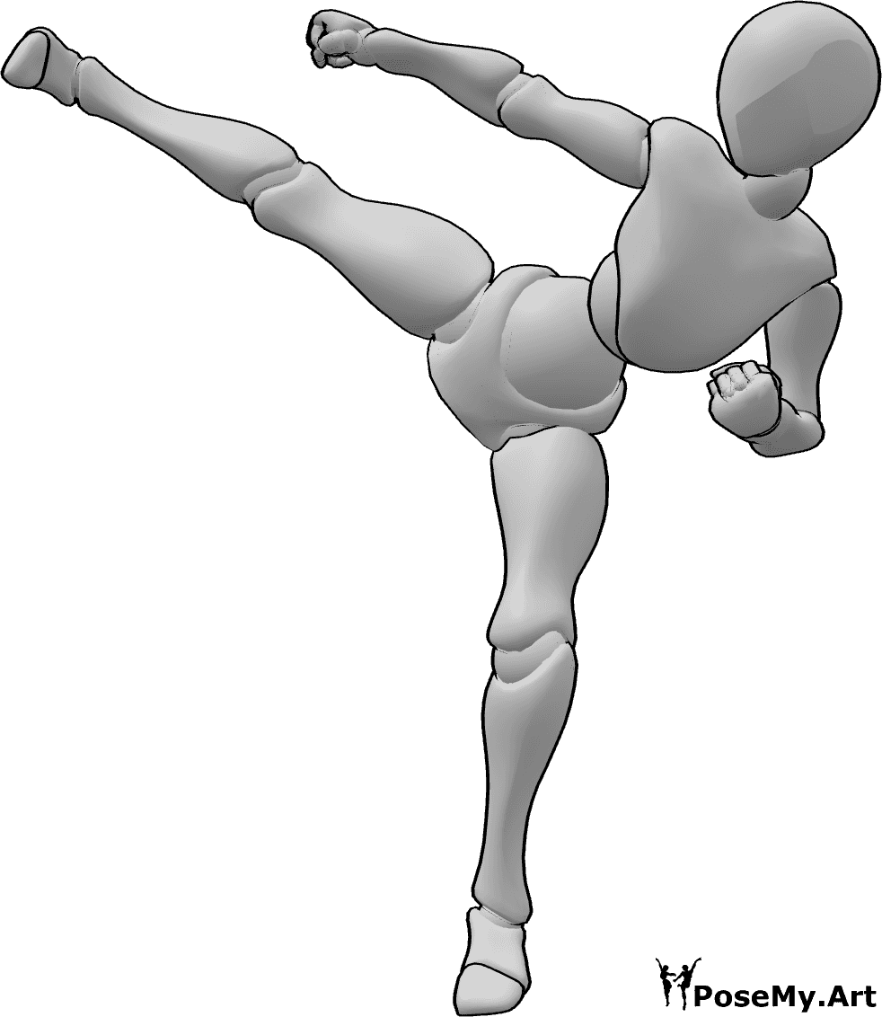 Referência de poses- Pose de pontapé de taekwondo feminino - Pontapé frontal de taekwondo feminino com pose da perna direita