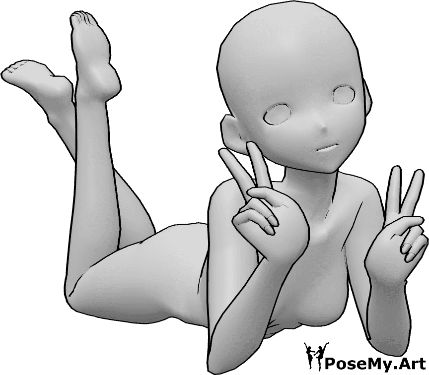 Pose Reference- Peace sign anime hand pose - Cute anime female is lying on her stomach, making "peace" signs with her hands
