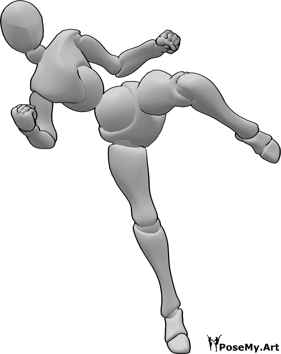 Referencia de poses- Postura de patada de jiu-jitsu femenino - Patada frontal femenina de jiujitsu con pierna izquierda pose